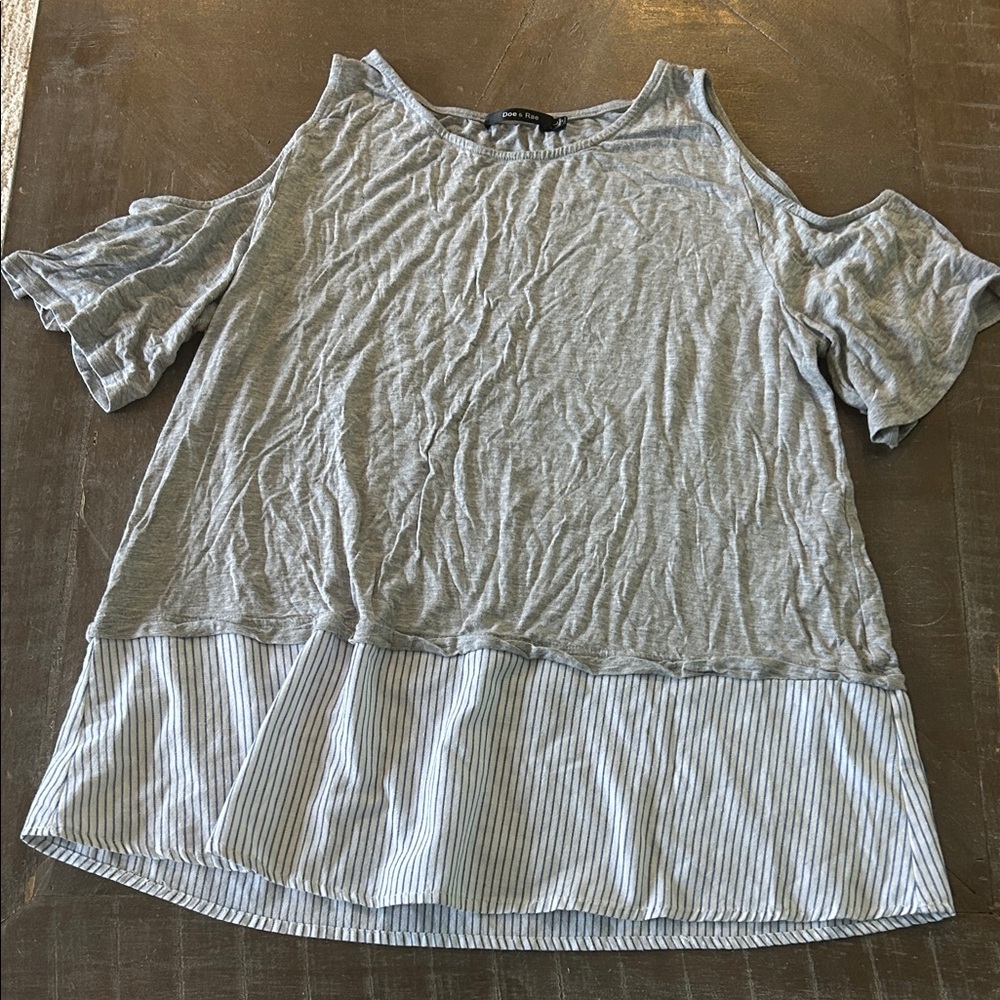 Doe & Rae Gray Cold Shoulder Top with Striped Hem